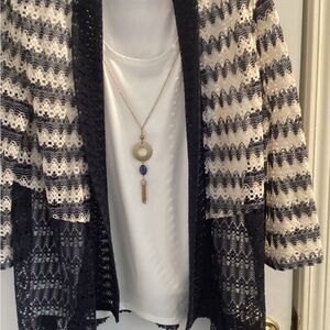 Alfred Dunner Navy and Cream Crochet Openwork Cardigan